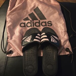 Adidas Black and Pink Slides with Drawstring Bag